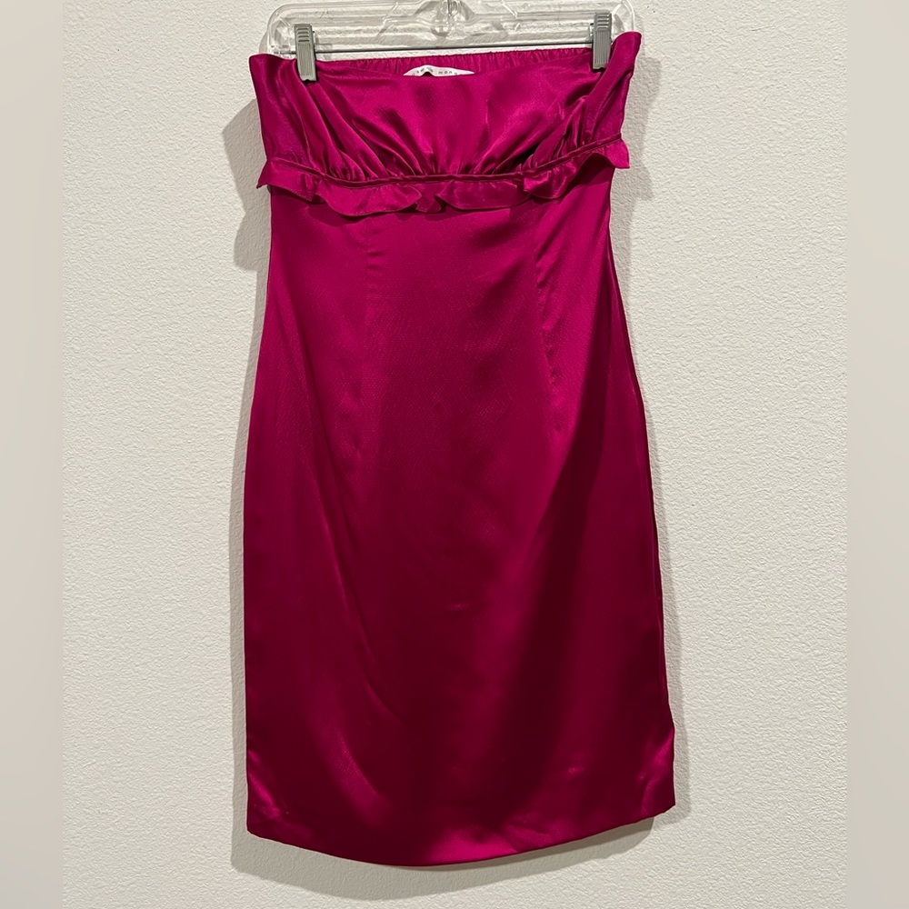 Susana Monaco Magenta Hammered 100% Silk Ruffled Midi Strapless Dress Size 6